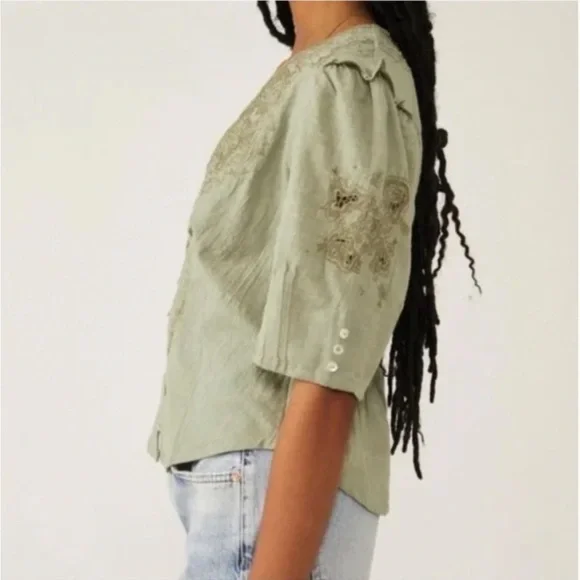 Free People Laurie Embroidered Blouse In Green Tea Leaves Medium NEW! - Picture 2 of 8
